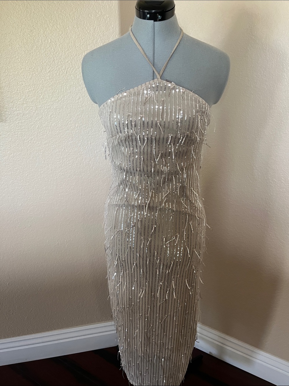 Beaded Strapless Column Dress in Champagne Nude